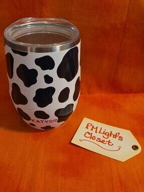 Katydid Cow Print Stainless Wine Tumbler Black and White 12 oz New with Lid
